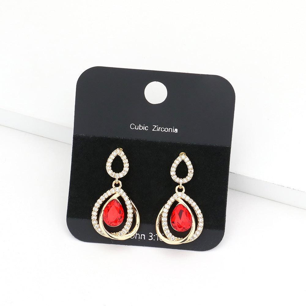 Gold CZ Stone Paved Teardrop Stone Dangle Evening Earrings