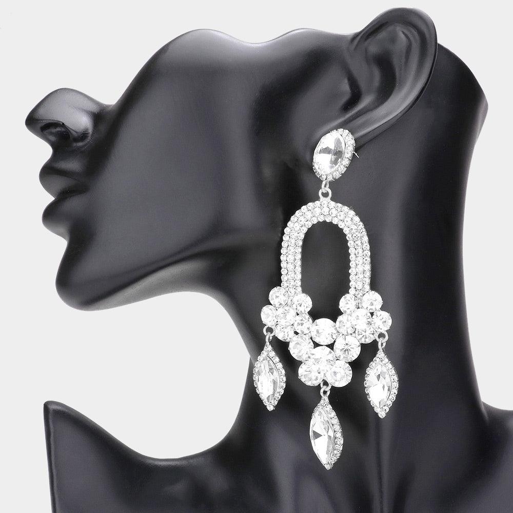 Silver Triple Marquise Stone Accented Dangle Evening Earrings