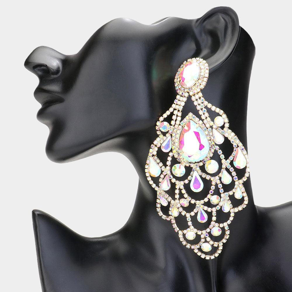 Gold Teardrop Stone Pointed Over Sized Chandelier Evening Earrings