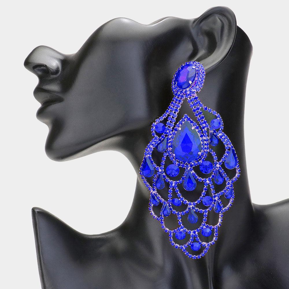 Blue Teardrop Stone Pointed Over Sized Chandelier Evening Earrings