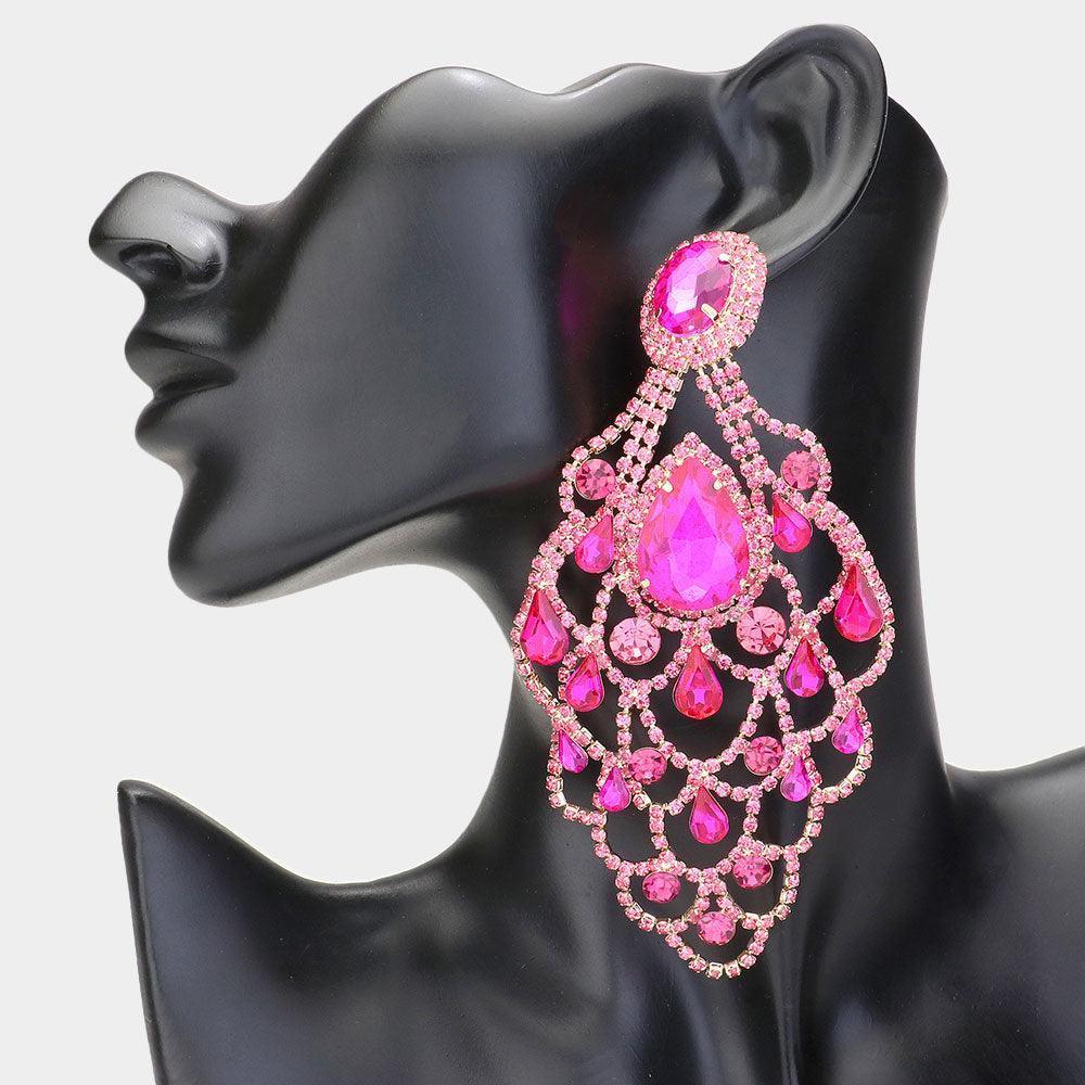 Red Teardrop Stone Pointed Over Sized Chandelier Evening Earrings - Jewelry Store by Erik Rayo