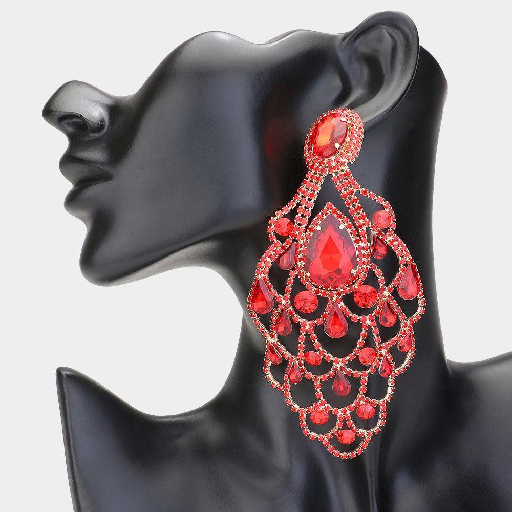 Red Teardrop Stone Pointed Over Sized Chandelier Evening Earrings - Jewelry Store by Erik Rayo