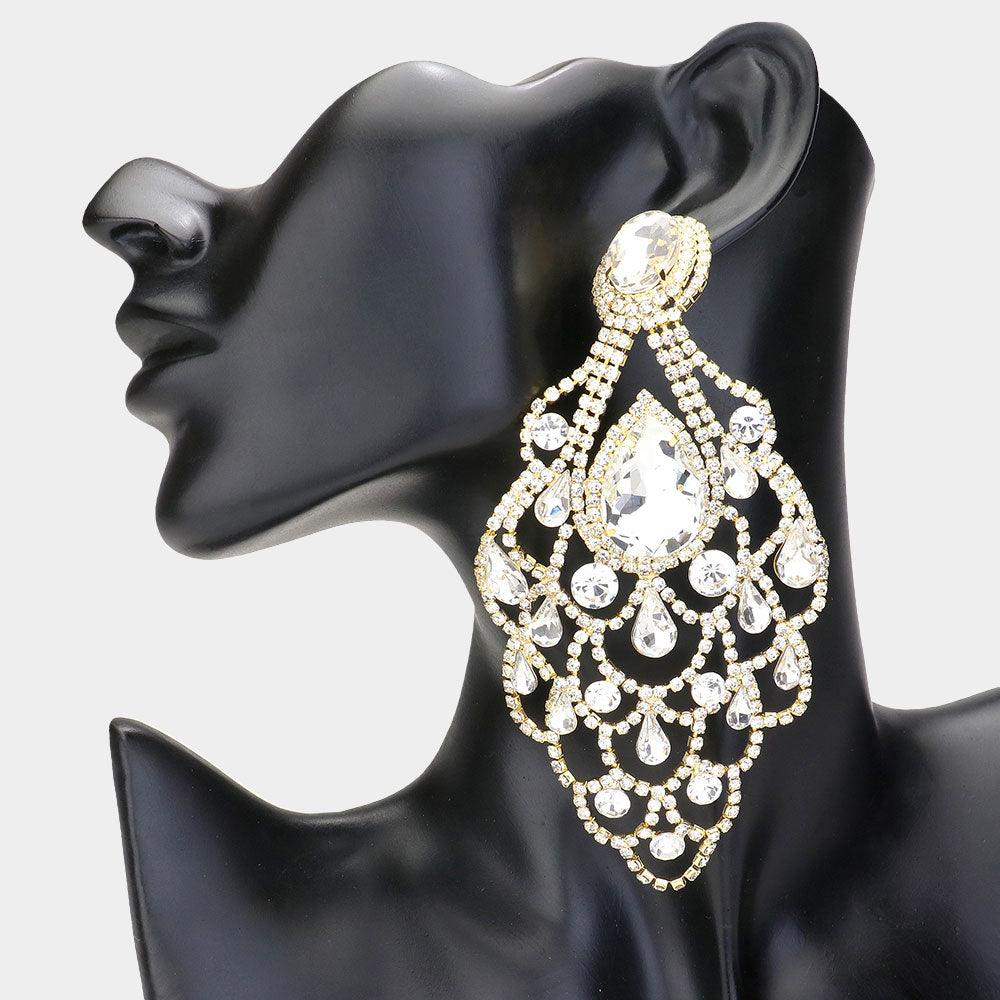 Gold Teardrop Stone Pointed Over Sized Chandelier Evening Earrings