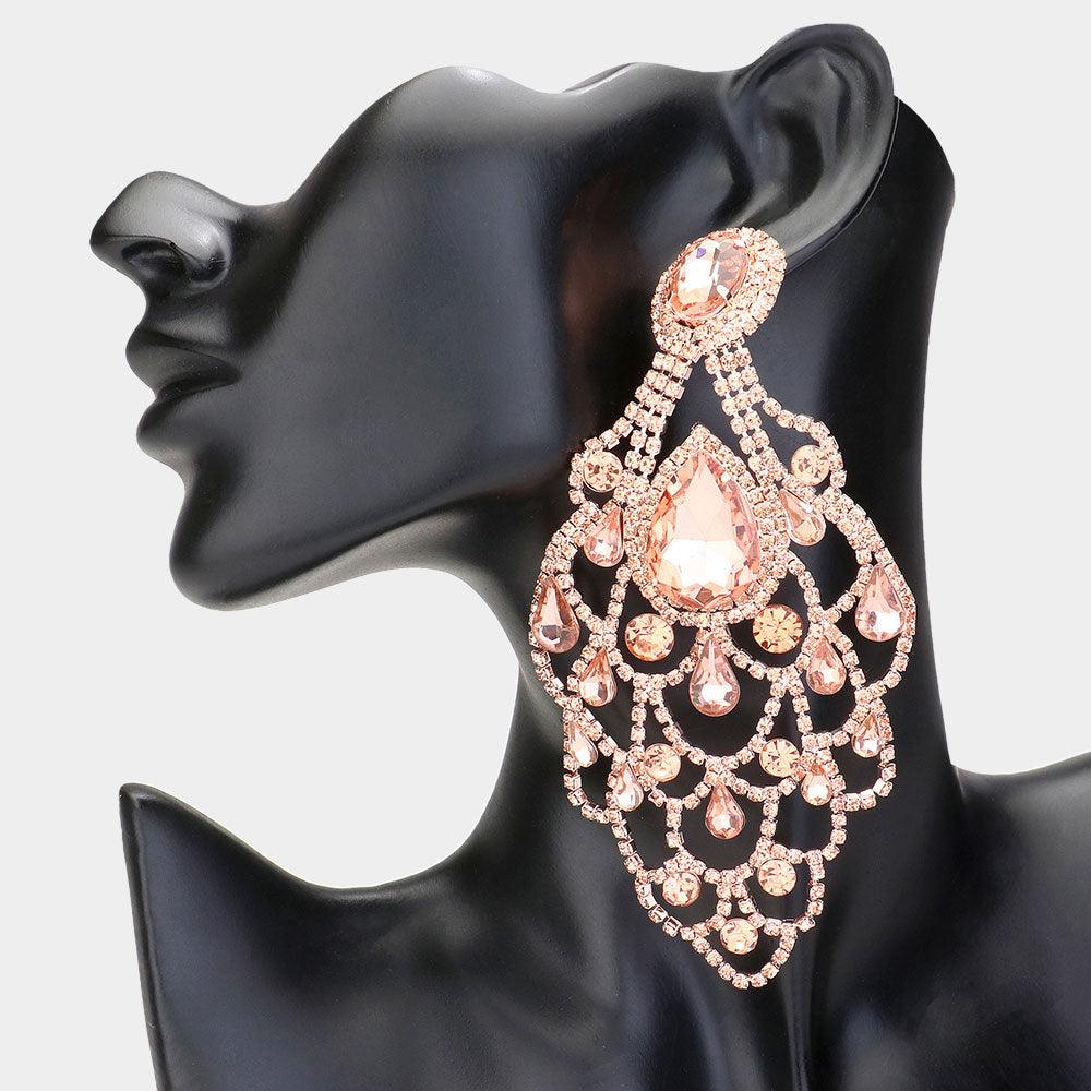 Gold Teardrop Stone Pointed Over Sized Chandelier Evening Earrings