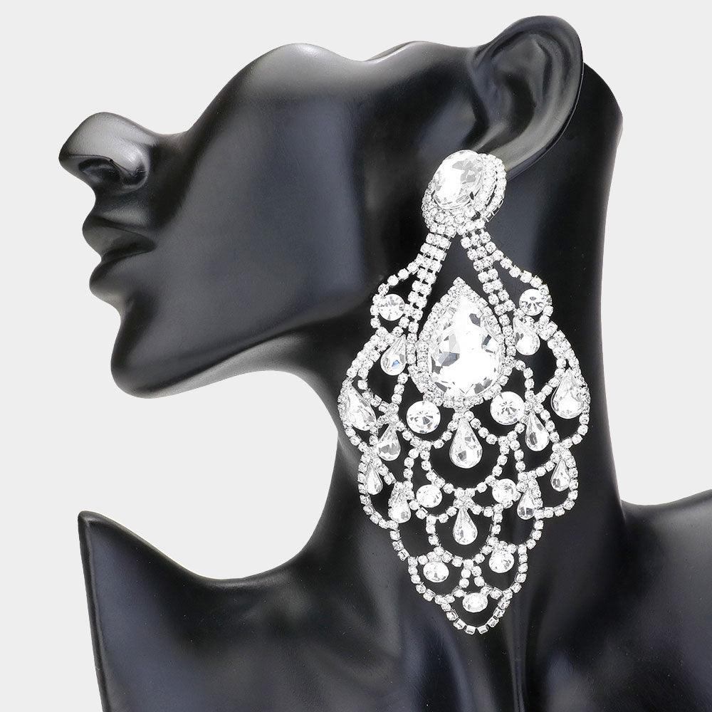 Silver Teardrop Stone Pointed Over Sized Chandelier Evening Earrings