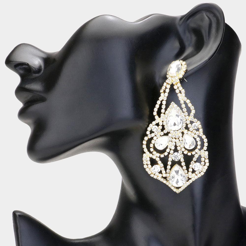 Gold Teardrop Stone Pointed Chandelier Evening Earrings