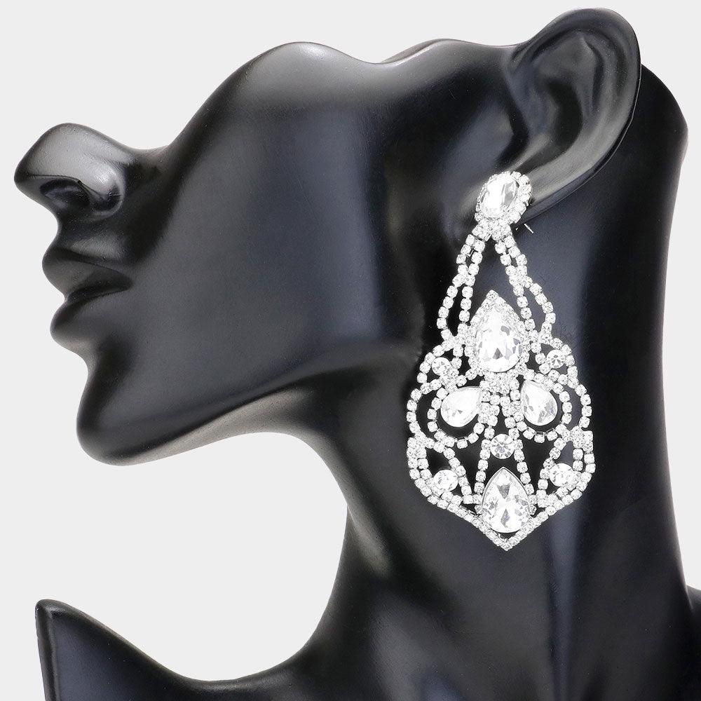 Silver Teardrop Stone Pointed Chandelier Evening Earrings