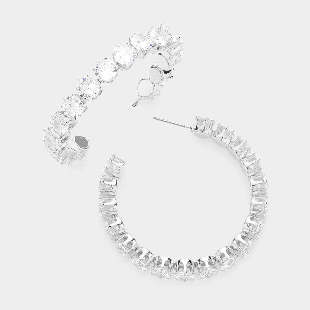 Silver Round CZ Stone Embellished Hoop Evening Earrings