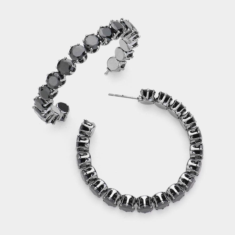 Black Round CZ Stone Embellished Hoop Evening Earrings - Jewelry Store by Erik Rayo