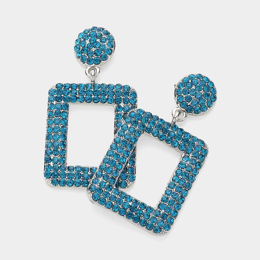 Blue Rhinestone Paved Open Square Dangle Evening Earrings - Jewelry Store by Erik Rayo