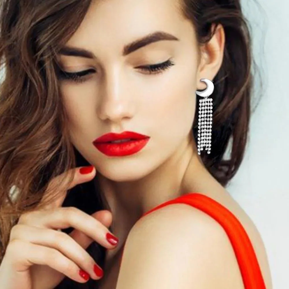 Crescent Rhinestone Fringe Down Evening Earrings - Jewelry Store by Erik Rayo