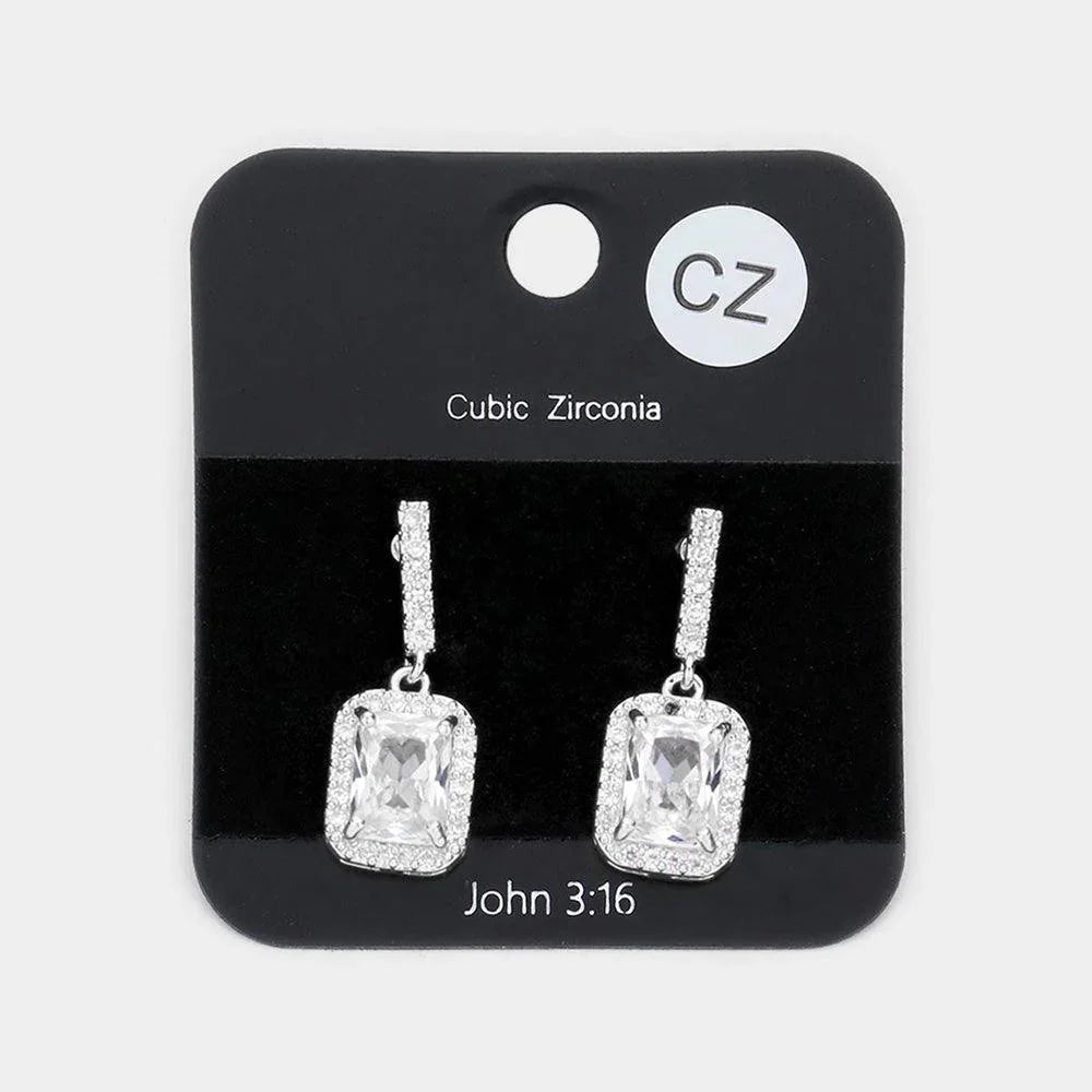 CZ Emerald Cut Stone Accented Dangle Evening Earrings - Jewelry Store by Erik Rayo