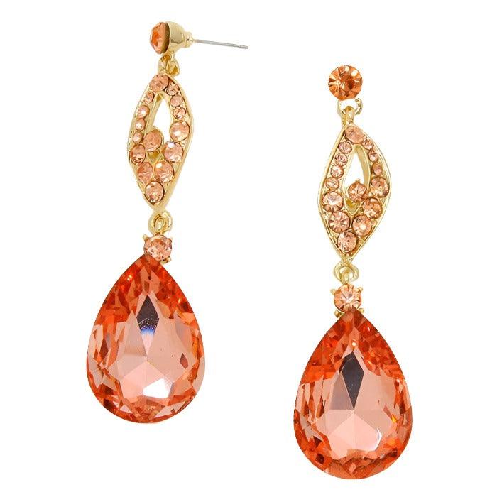 Peach Crystal rhinestone teardrop evening earrings