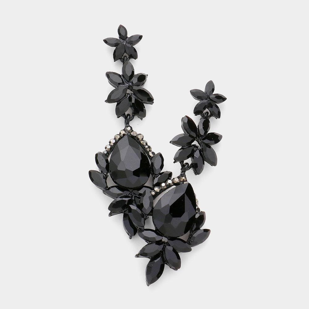 Black Marquise Stone Teardrop Floral Dangle Evening Earrings - Jewelry Store by Erik Rayo