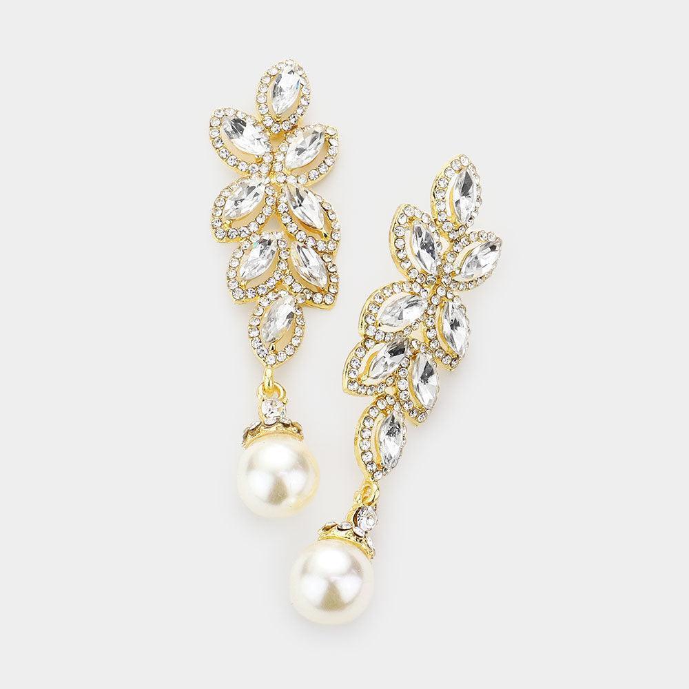 Rhinestone Trim Marquise Stone Cluster Vine Pearl Link Evening Earrings - Jewelry Store by Erik Rayo