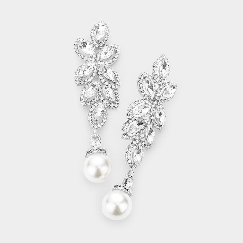 Rhinestone Trim Marquise Stone Cluster Vine Pearl Link Evening Earrings - Jewelry Store by Erik Rayo