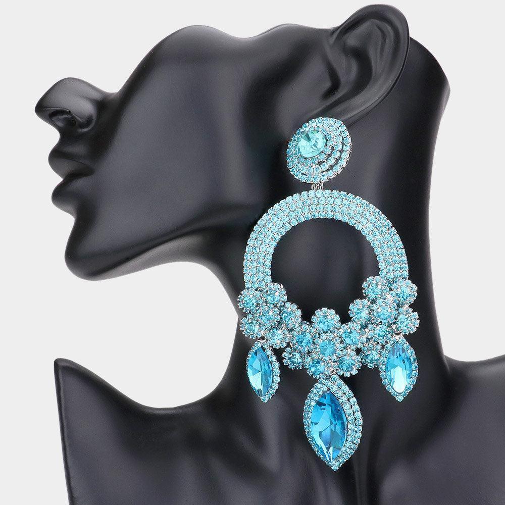 Aqua Oversized Marquise Triple Flower Chandelier Evening Earring - Jewelry Store by Erik Rayo
