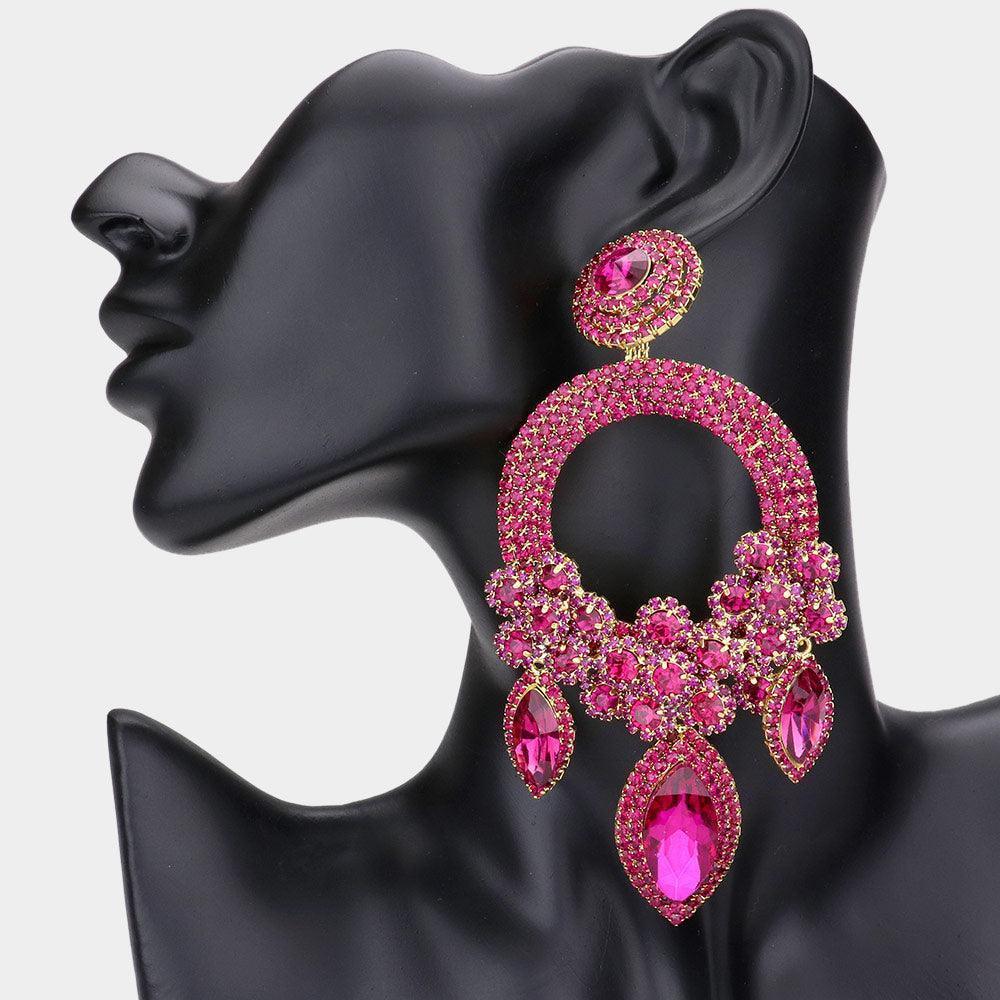 Fuchsia Oversized Marquise Triple Flower Chandelier Evening Earring - Jewelry Store by Erik Rayo