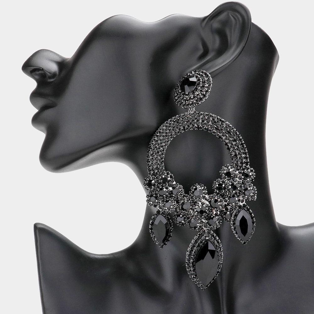 Black Oversized Marquise Triple Flower Chandelier Evening Earring - Jewelry Store by Erik Rayo