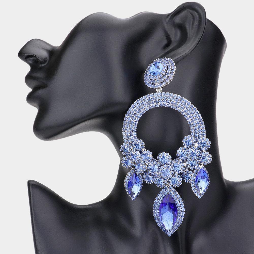 Blue Oversized Marquise Triple Flower Chandelier Evening Earring - Jewelry Store by Erik Rayo