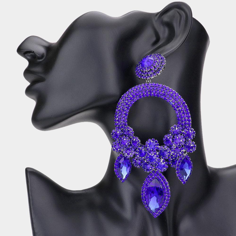Blue Oversized Marquise Triple Flower Chandelier Evening Earring - Jewelry Store by Erik Rayo