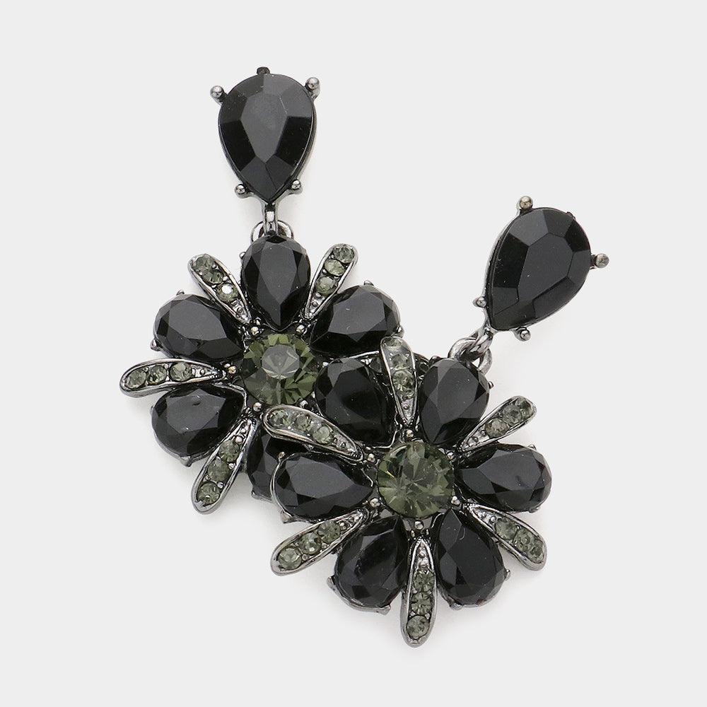 Black Crystal Rhinestone Flower Drop Dangle Evening Earrings - Jewelry Store by Erik Rayo