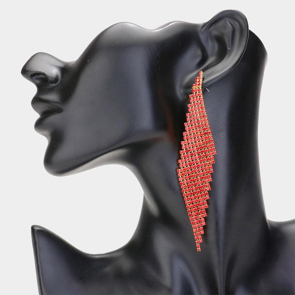 Red Rhinestone Paved Evening Earrings