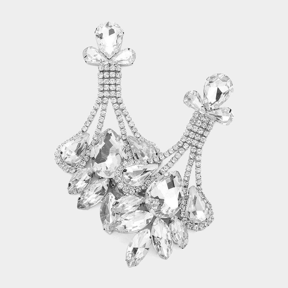 Silver Teardrop Marquise Stone Cluster Detail Evening Earrings - Jewelry Store by Erik Rayo