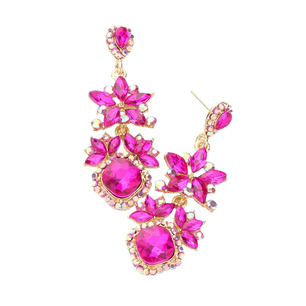 Fuchsia Floral Crystal Rhinestone Evening Drop Earrings - Jewelry Store by Erik Rayo