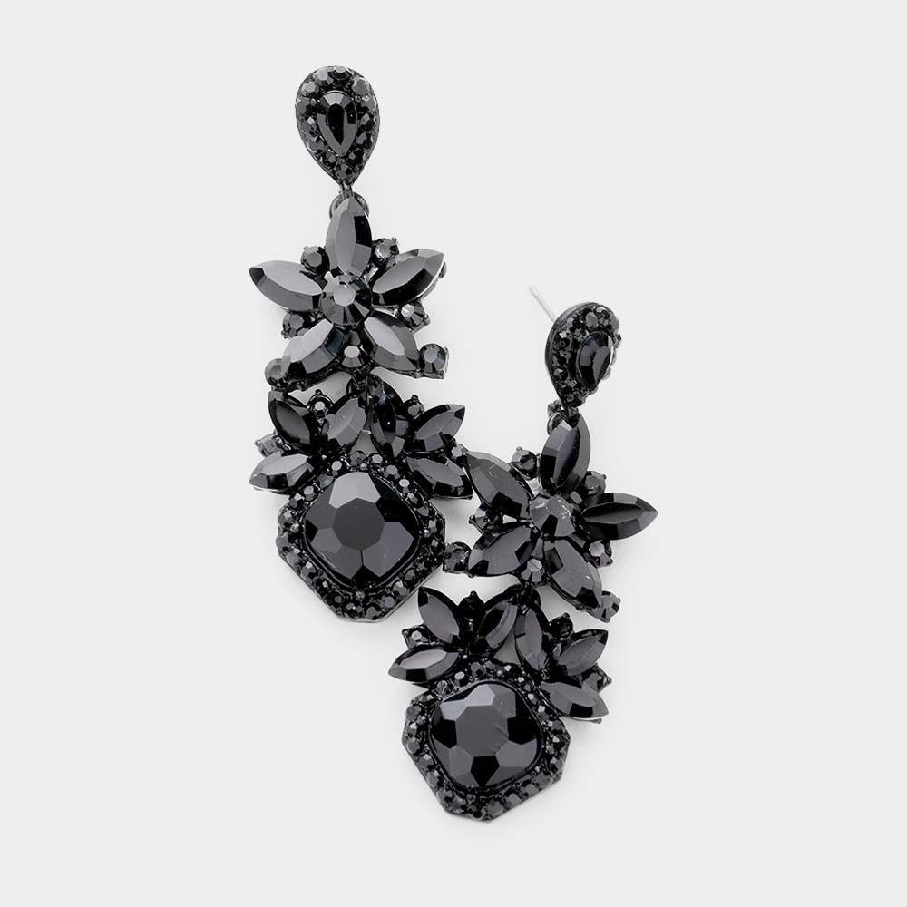 Black Floral Crystal Rhinestone Evening Drop Earrings - Jewelry Store by Erik Rayo
