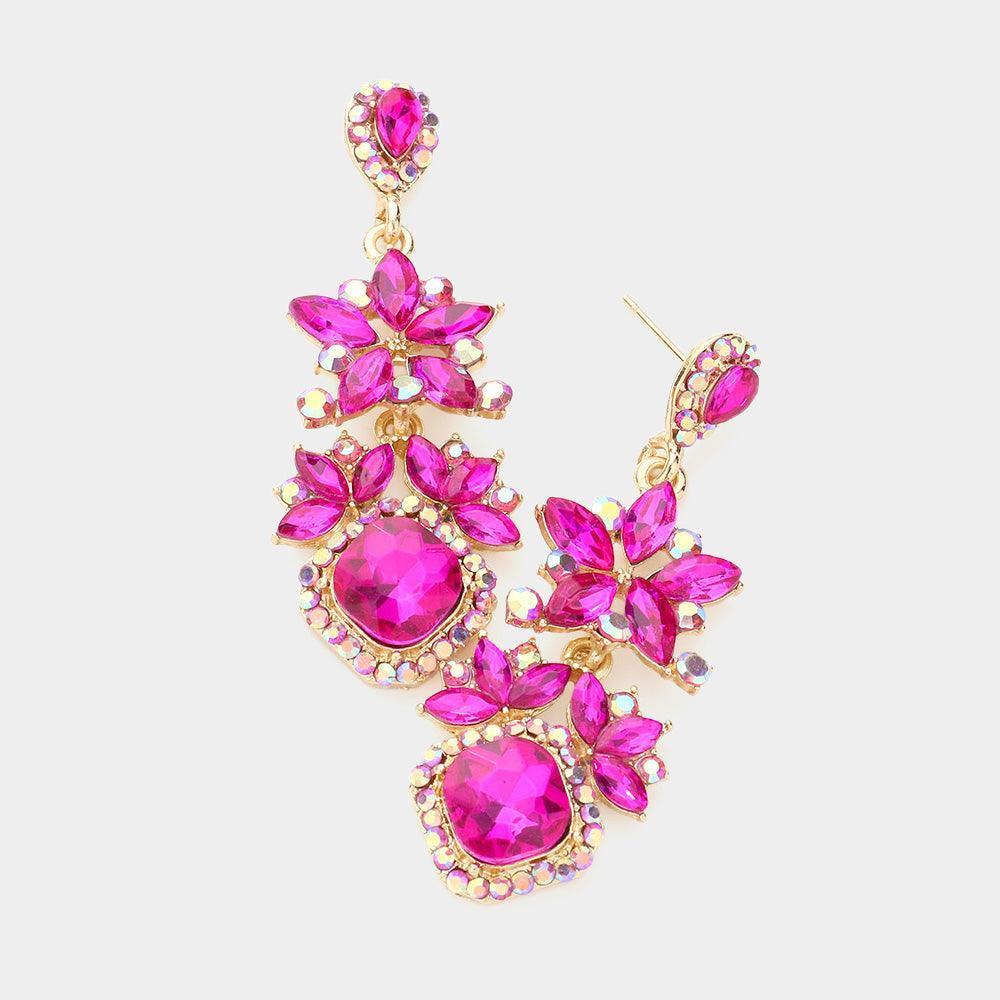 Fuchsia Floral Crystal Rhinestone Evening Drop Earrings - Jewelry Store by Erik Rayo