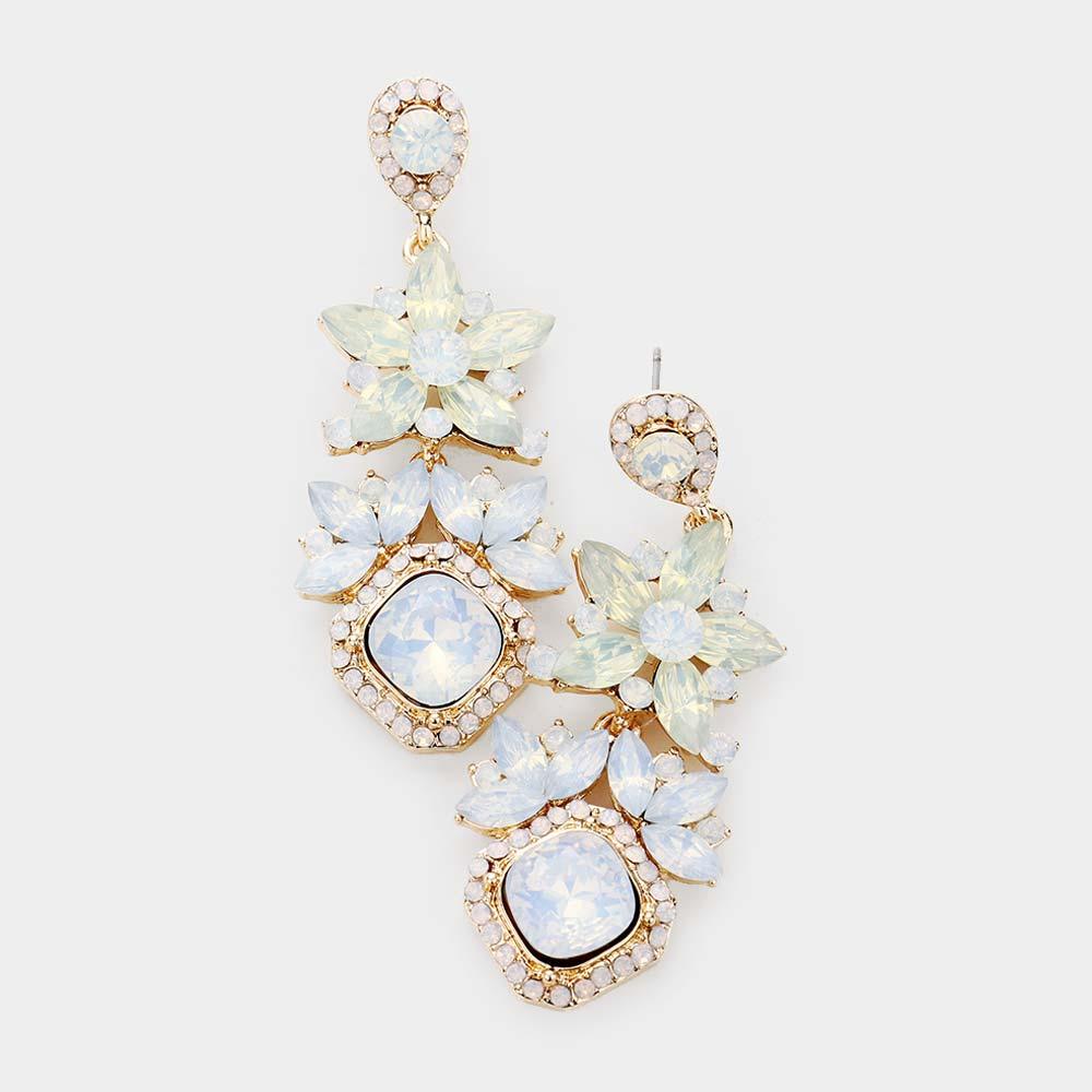 White Floral Crystal Rhinestone Evening Drop Earrings