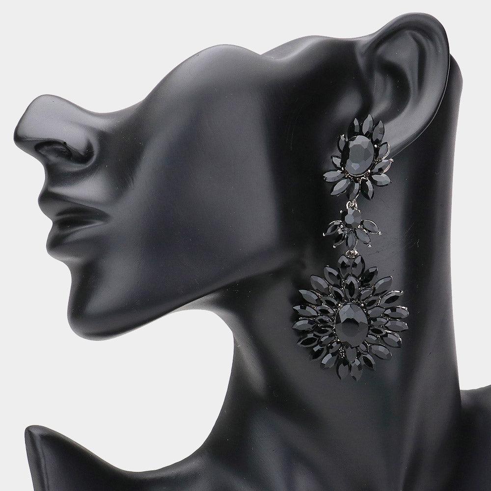 Black Floral Marquise Stone Cluster Dangle Evening Earrings - Jewelry Store by Erik Rayo