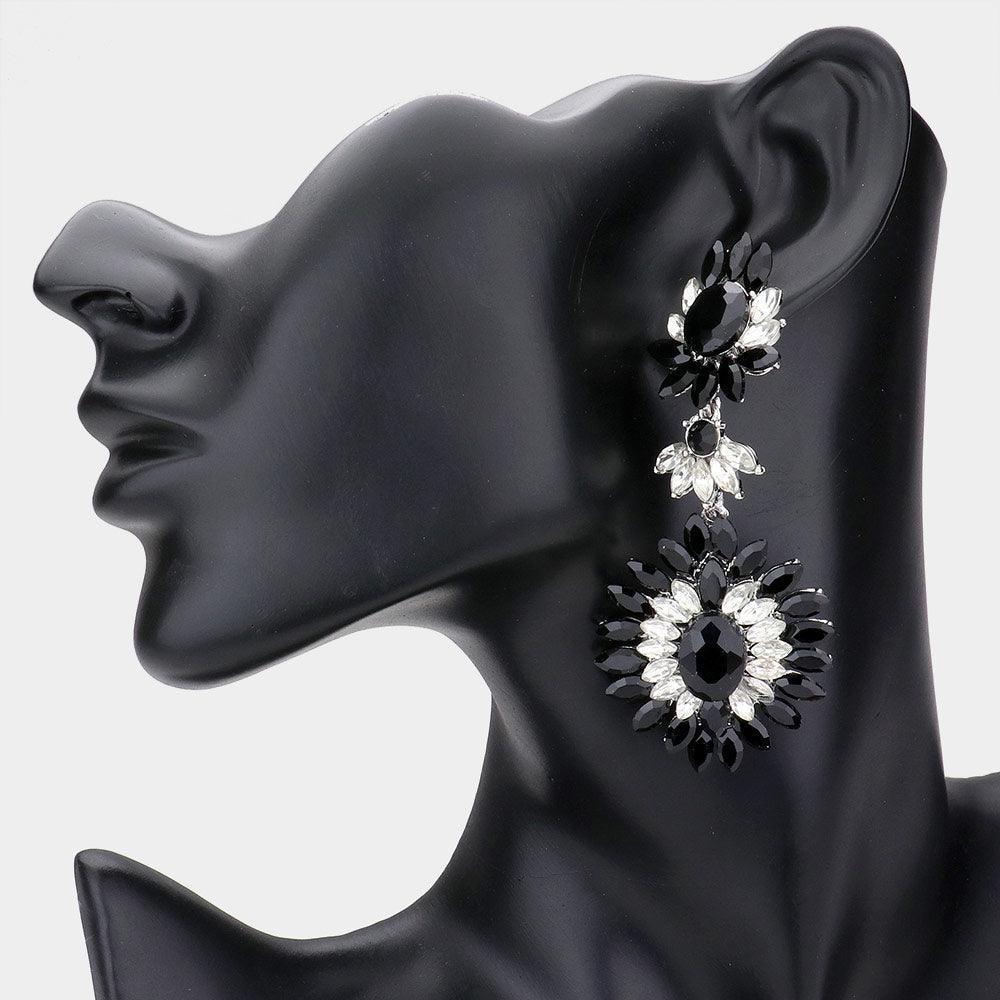 Black Floral Marquise Stone Cluster Dangle Evening Earrings - Jewelry Store by Erik Rayo