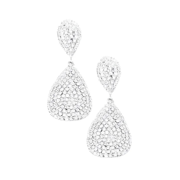 Silver Crystal Rhinestone Pave Double Teardrop Evening Earrings - Jewelry Store by Erik Rayo