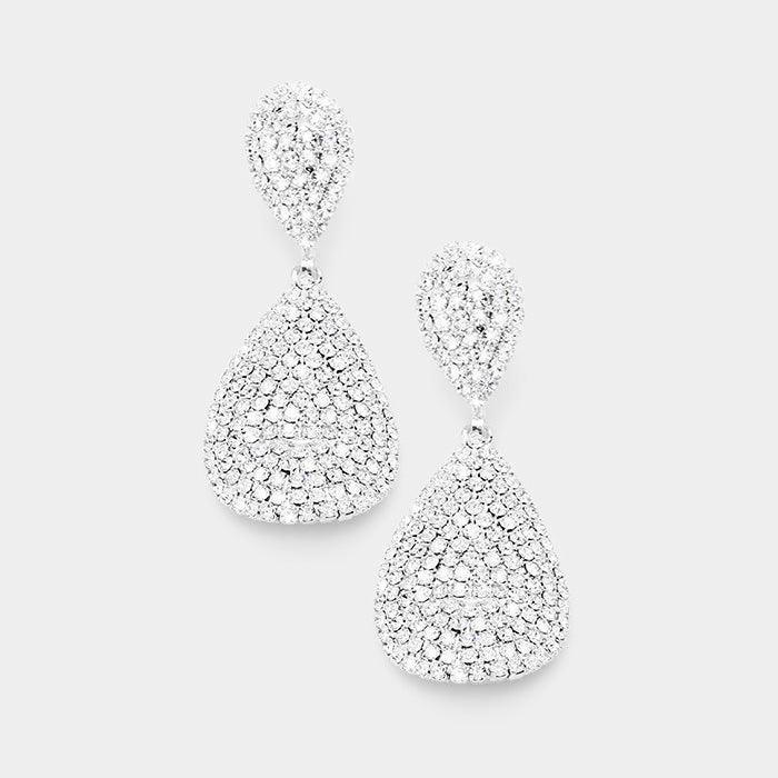 Silver Crystal Rhinestone Pave Double Teardrop Evening Earrings - Jewelry Store by Erik Rayo