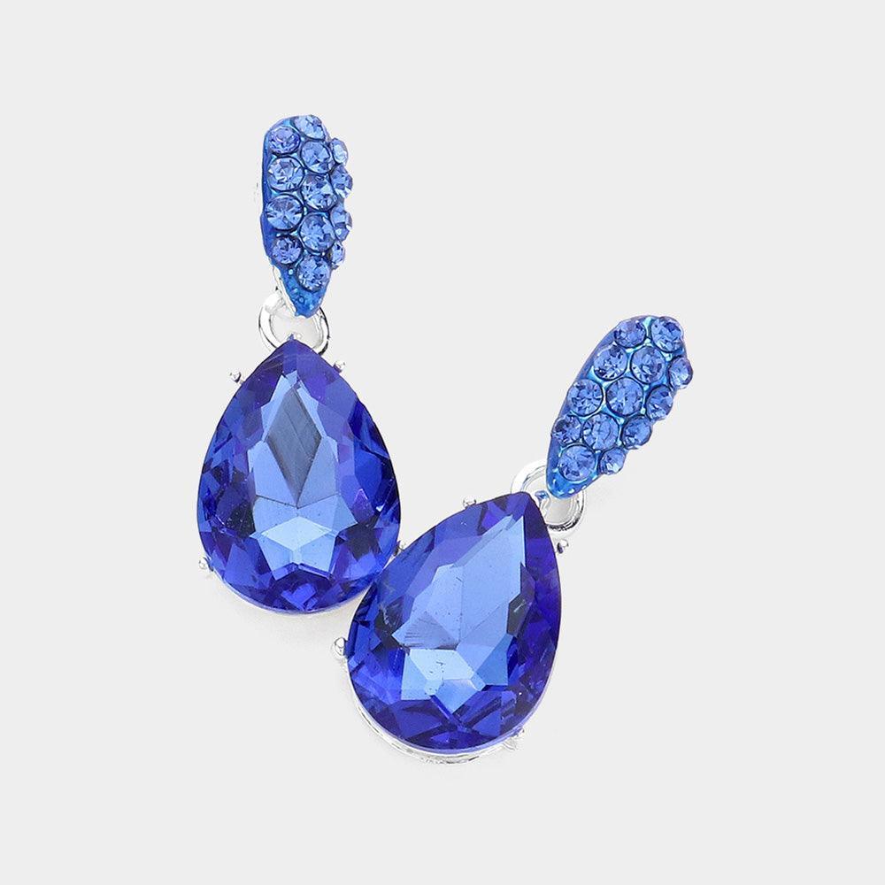 Blue Crystal Teardrop Rhinestone Pave Evening Earrings - Jewelry Store by Erik Rayo