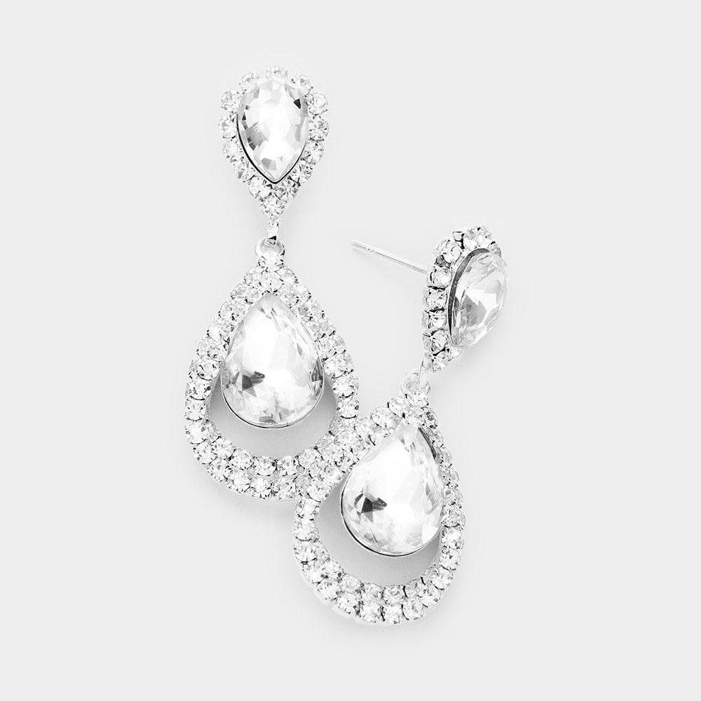 Silver Teardrop Crystal Evening Rhinestone Drop Earrings