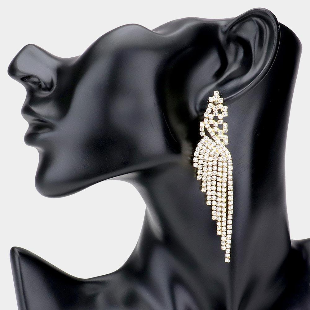 Gold Rhinestone Pave Fringe Dangle Evening Earrings - Jewelry Store by Erik Rayo