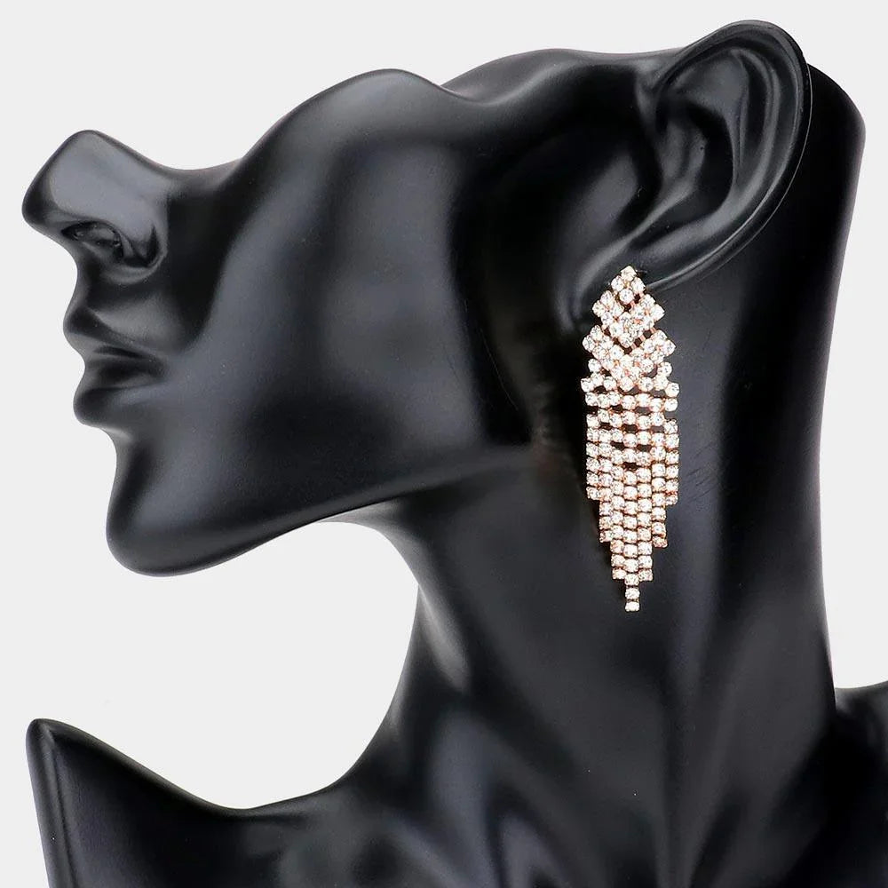 Rose Gold Rhinestone Pave Fringe Dangle Evening Earrings - Jewelry Store by Erik Rayo