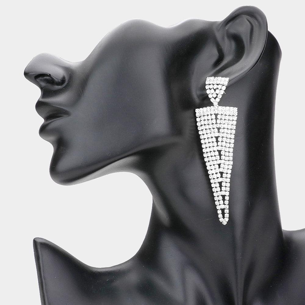 Silver Triangle Drop Rhinestone Evening Earrings