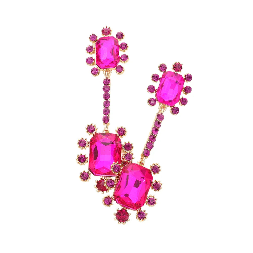 Fuchsia Double Emerald Cut Stone Accented Dangle Evening Earrings - Jewelry Store by Erik Rayo