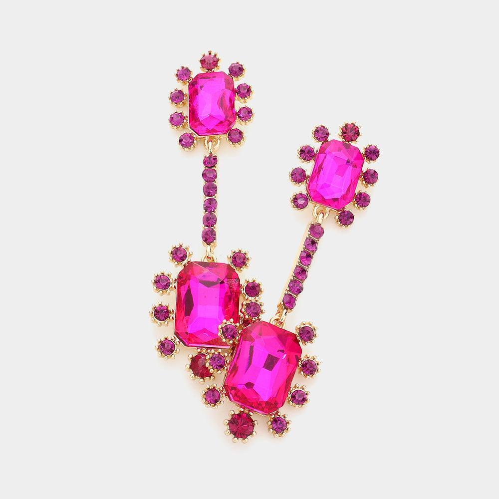Fuchsia Double Emerald Cut Stone Accented Dangle Evening Earrings - Jewelry Store by Erik Rayo