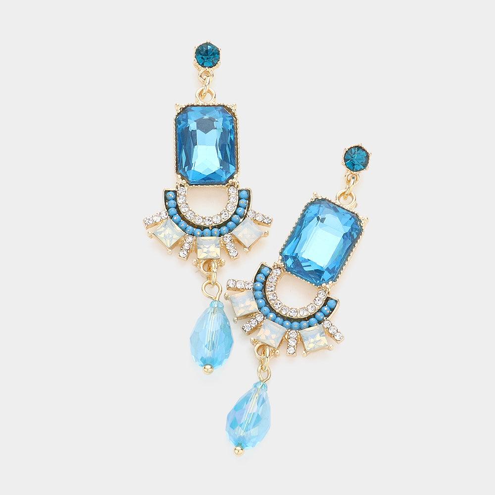 Turquoise Emerald Cut Stone Accented Link Dangle Evening Earrings