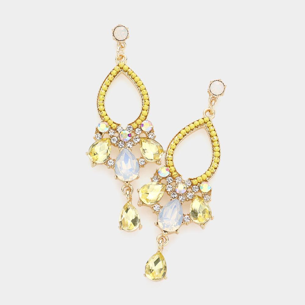 Yellow Teardrop Stone Accented Link Dangle Evening Earrings