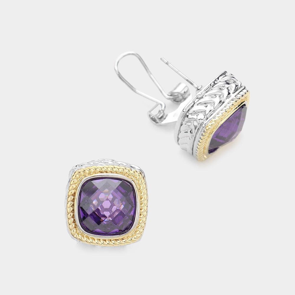 Amethyst Square CZ Stone Omega Clip Evening Earrings - Jewelry Store by Erik Rayo