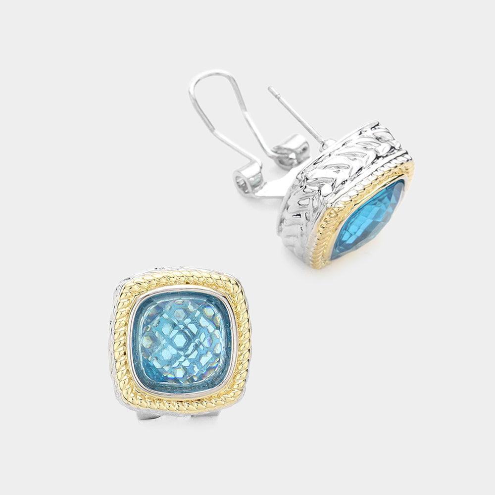 Aqua Square CZ Stone Omega Clip Evening Earrings - Jewelry Store by Erik Rayo