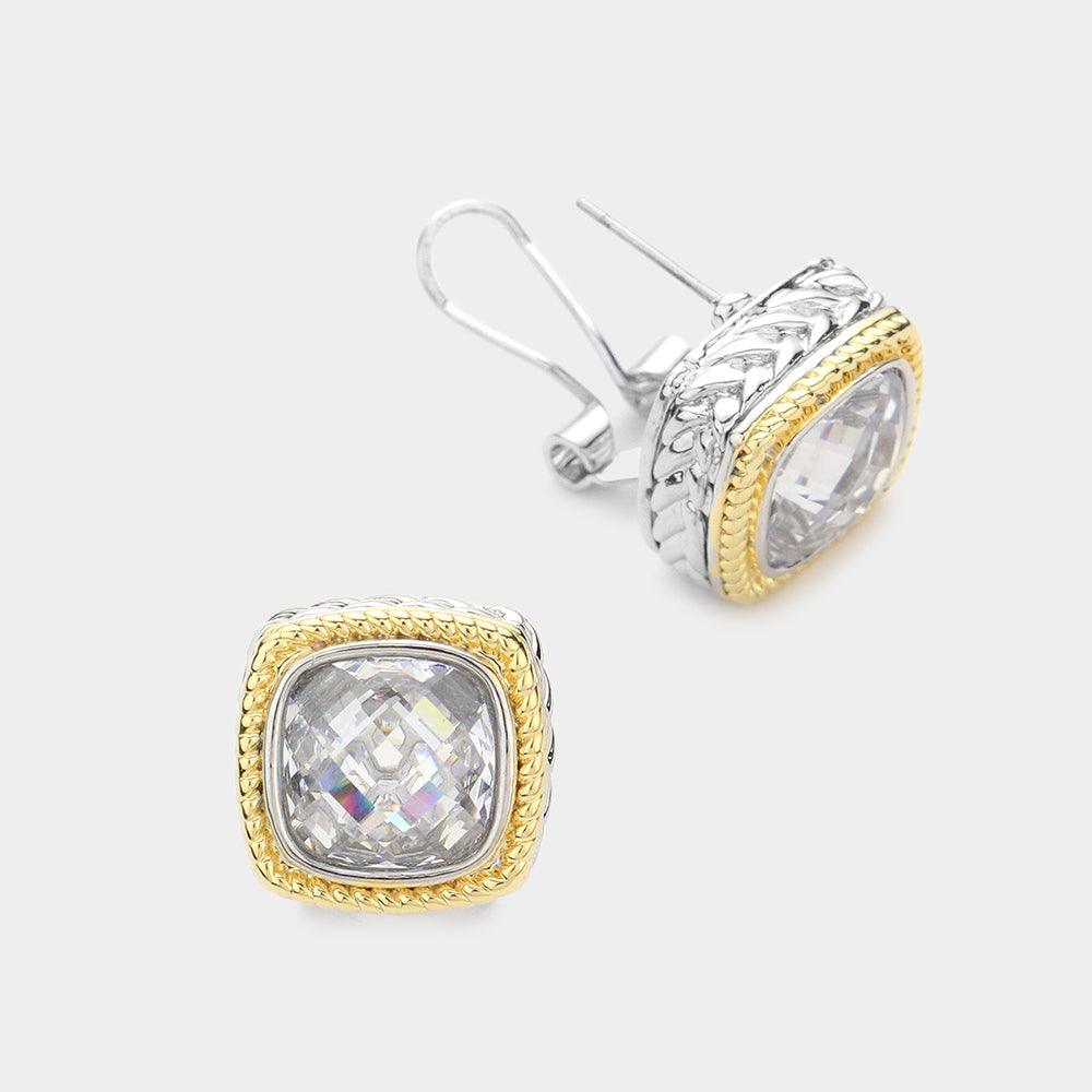 Two Tone Square CZ Stone Omega Clip Evening Earrings