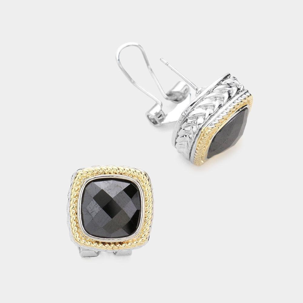 Black Square CZ Stone Omega Clip Evening Earrings - Jewelry Store by Erik Rayo