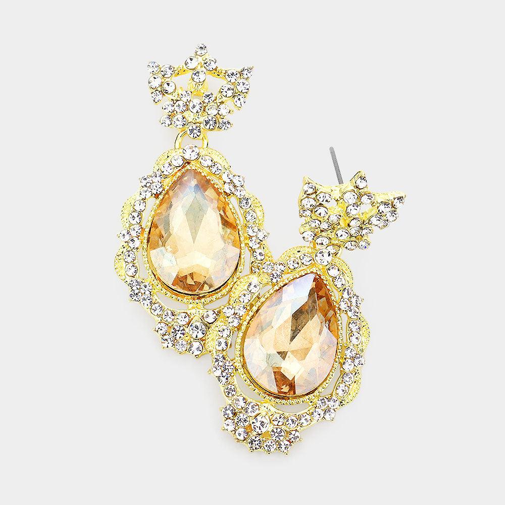 Teardrop Accented Rhinestone Embellished Evening Dangle Earrings